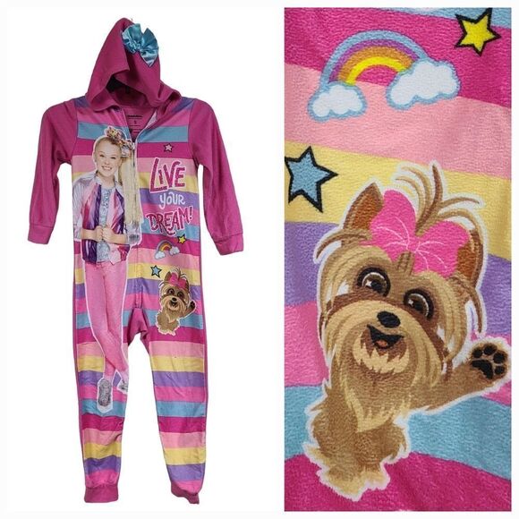 Girls JoJo Siwa Bow Bow Rainbow Hooded One-Piece Fleece Union Suit Pajamas Small - Picture 1 of 8